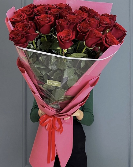 Моно букет из 25 красных метровых роз  с доставкой по Астане