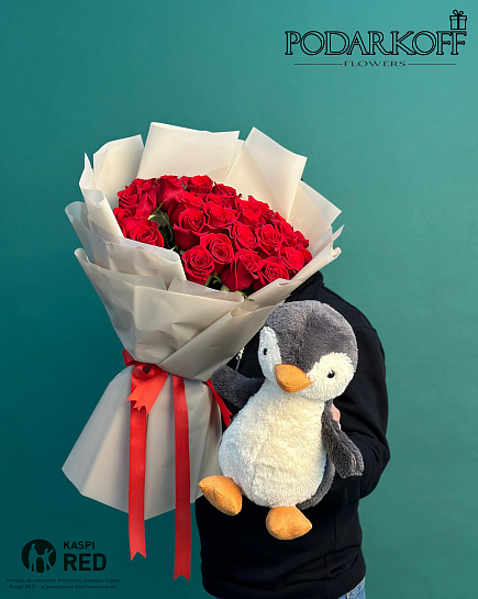 Bouquet of 25 Roses + Penguin flowers delivered to Karaganda