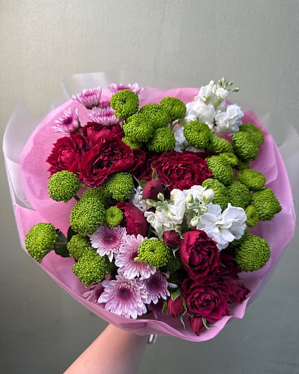 Яркий микс из кустовых роз и хризантем with delivery to Astana