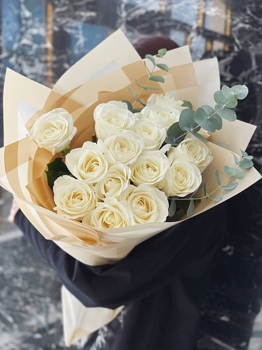 White roses 15 pcs with eucalyptus