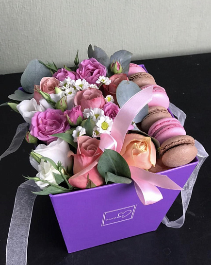 Bouquet of Flowers and macaroons flowers delivered to Kostanay.