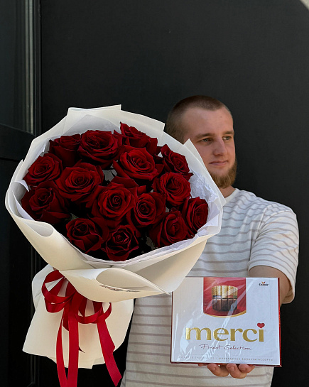 Combo of 15 red roses and merci with delivery to Astana