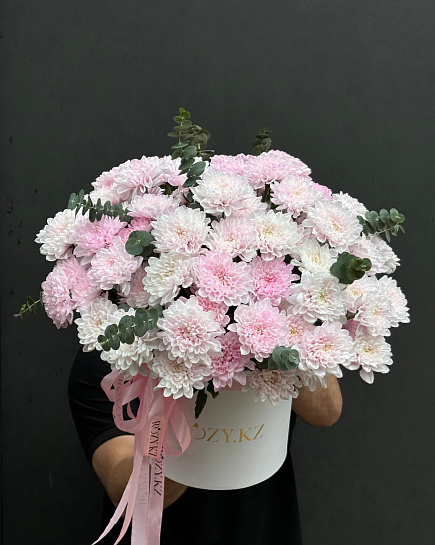 Bouquet of Box with chrysanthemum and eucalyptus flowers delivered to Astana