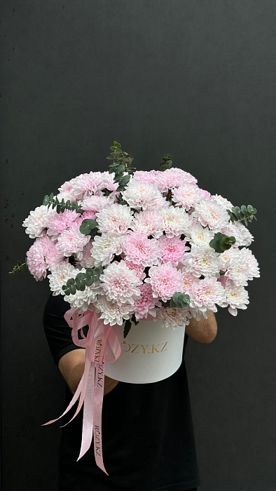 Box with chrysanthemum and eucalyptus