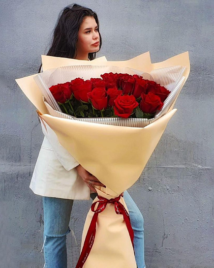 Bouquet of 25 tall red roses flowers delivered to Almaty
