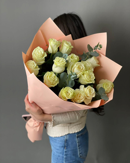 Belech roses 15 pcs with eucalyptus with delivery to Almaty