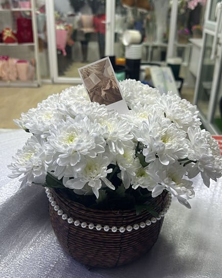 Белоснежная хризантема в жемчужной корзине с доставкой по Астане
