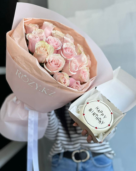 Bouquet of Combo of 19 light pink roses and bento cake flowers delivered to Astana