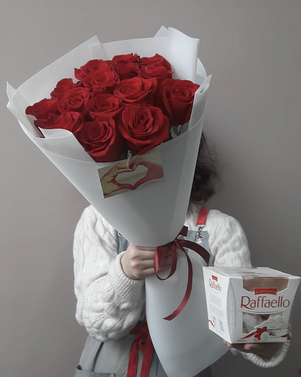 Bouquet of Bouquet of 15 roses and raffaello flowers delivered to Almaty