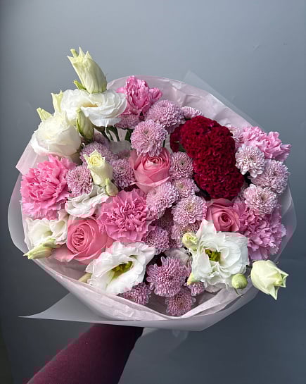 Розовое очарование с эустомой и гвоздиками с доставкой по Астане