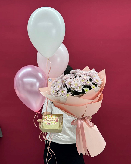Bouquet of Gift set: Balloons + cake + bouquet flowers delivered to Almaty