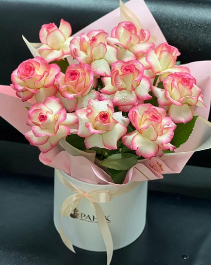 Bouquet of 11 French roses in a box with delivery to Almaty