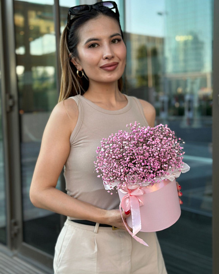 Bouquet of Box (XS) with pink gypsophila flowers delivered to Astana