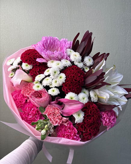 Яркий микс с каллами и хризантемами with delivery to Astana