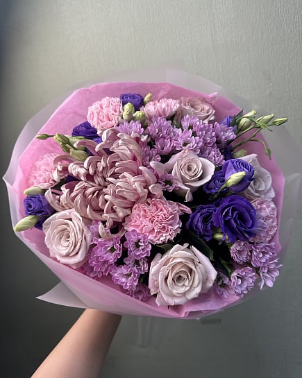 Сиреневый закат с хризантемами и розами with delivery to Astana