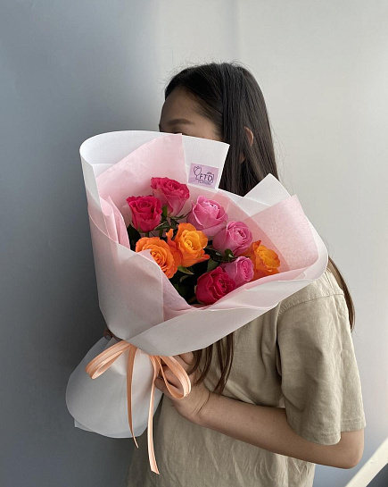 Bouquet of Mix of 9 bright roses flowers delivered to Astana