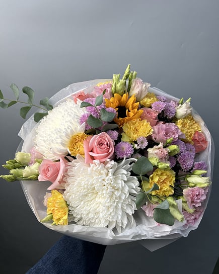 Солнечный микс с хризантемами и подсолнухом с доставкой по Астане