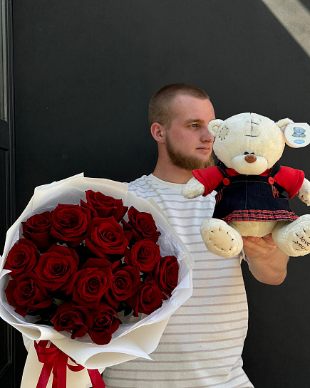 Combo of 15 red roses and a bear with delivery to Astana