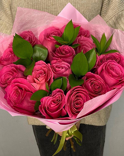 Bouquet of Bouquet of 15 pink roses with decorative greenery flowers delivered to Uralsk