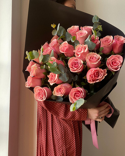 Pink roses 25 pcs with eucalyptus with delivery to Almaty