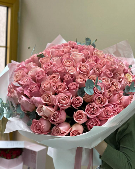 101 pink rose with eucalyptus with delivery to Almaty