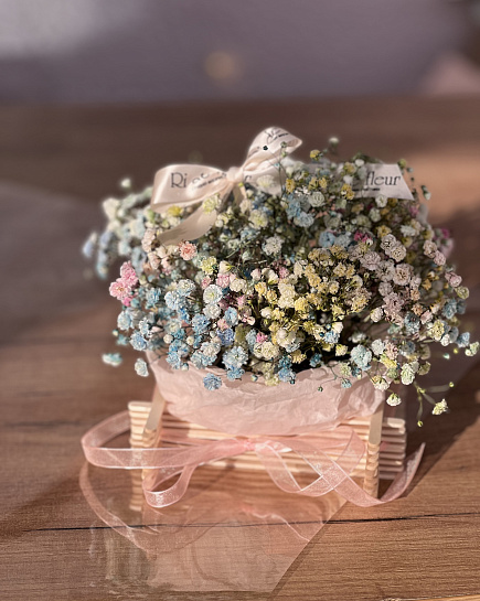 Bouquet of Gypsophila in a handmade wooden basket flowers delivered to Kokshetau
