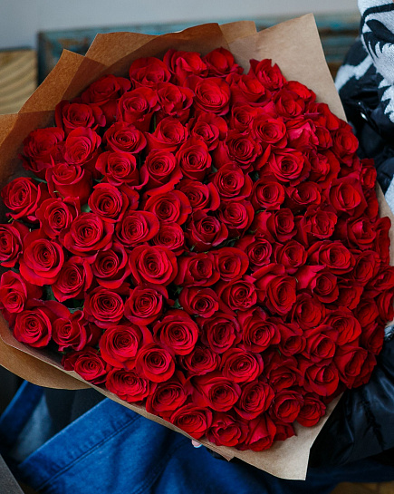 Bouquet of 101 tall red rose flowers delivered to Almaty