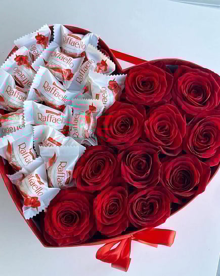 Красные розы с Raffaello, коробочка в форме сердца with delivery to Pavlodar
