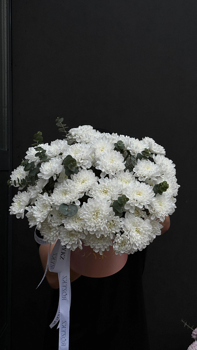 Box with chrysanthemum and eucalyptus