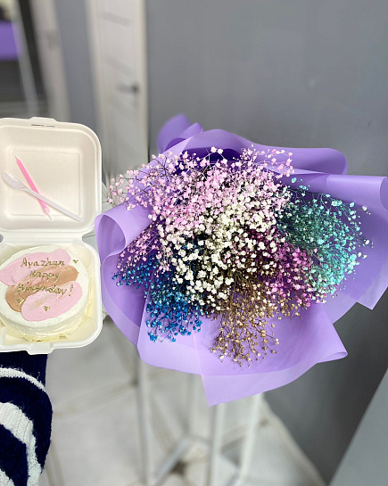Bouquet of Set of rainbow gypsophila + bento cake flowers delivered to Aktau