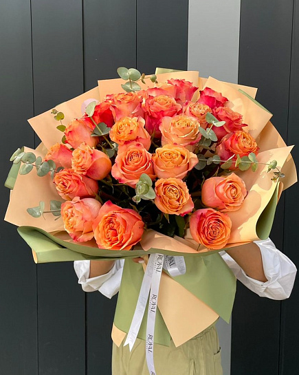Bouquet of 25 roses with eucalyptus flowers delivered to Taraz