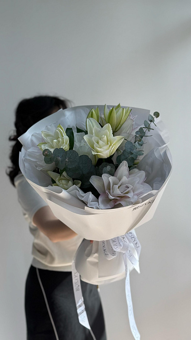 Mono -bouquet of pionoid lilies with eucalyptus Mono -bouquet of pionoid lilies with eucalyptus