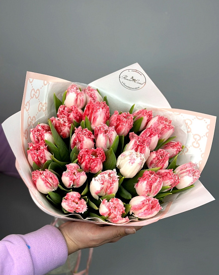 Bouquet of 25 peony, double or needle tulips flowers delivered to Aktobe
