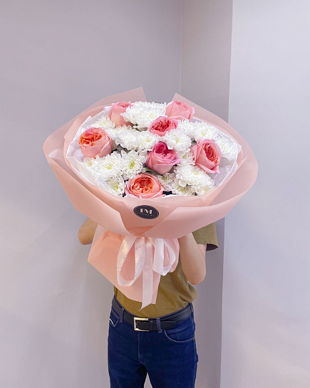 Bouquet of Bouquet of peony roses and Dutch chrysanthemums flowers delivered to Astana