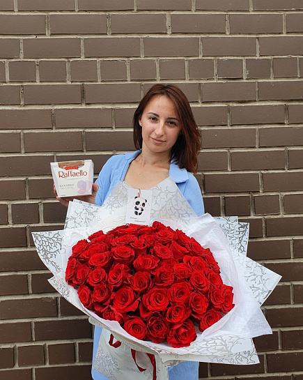 Bouquet of bouquet of 51 red roses + Raffaello flowers delivered to Astana