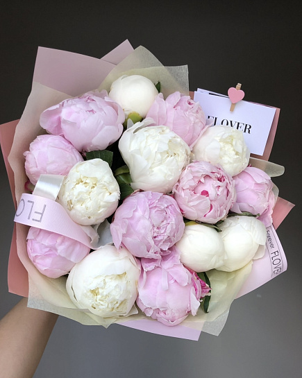 Bouquet of Mix of 15 white and pink peonies flowers delivered to Astana
