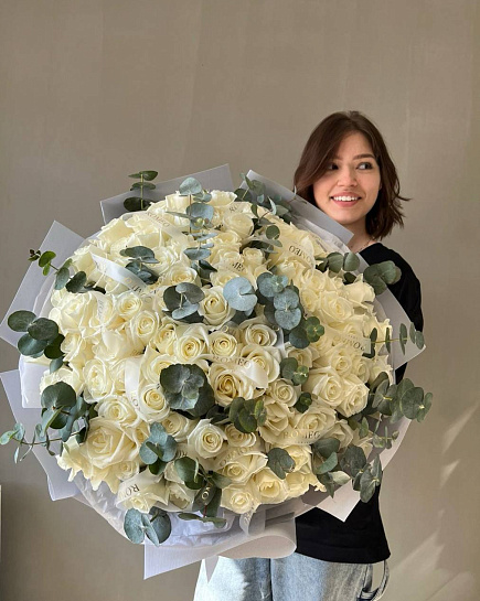 WOW bouquet of 101 roses with eucalyptus with delivery to Ust-Kamenogorsk