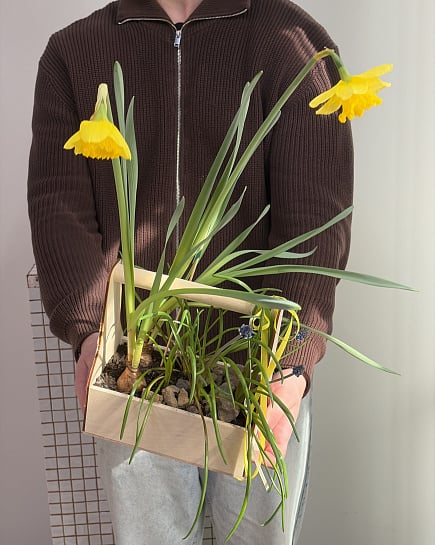 Весеннее пробуждение в деревянном кашпо с доставкой по Астане