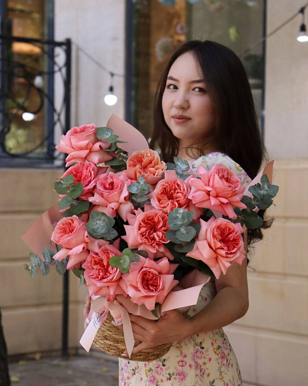 Wicker pot with French roses with delivery to Almaty