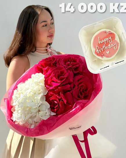 Bouquet of Combo with bento cake and French roses flowers delivered to Astana