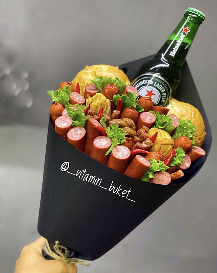 Bouquet of Men's beer bouquet with sausages flowers delivered to Astana