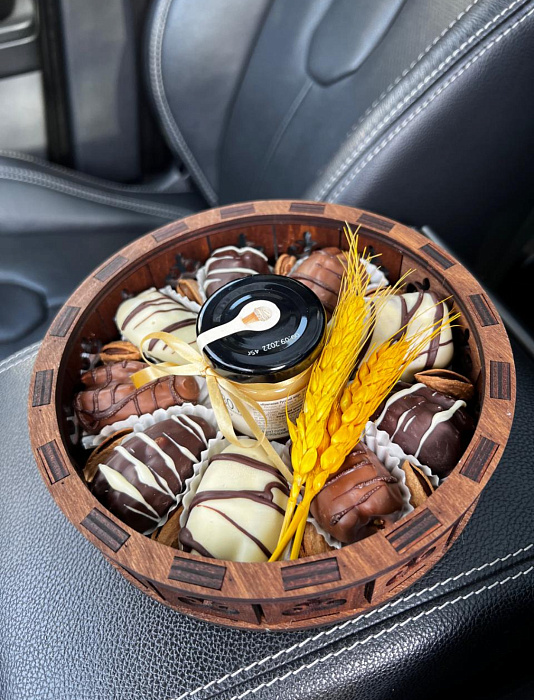 Chocolate covered dates in a yurt