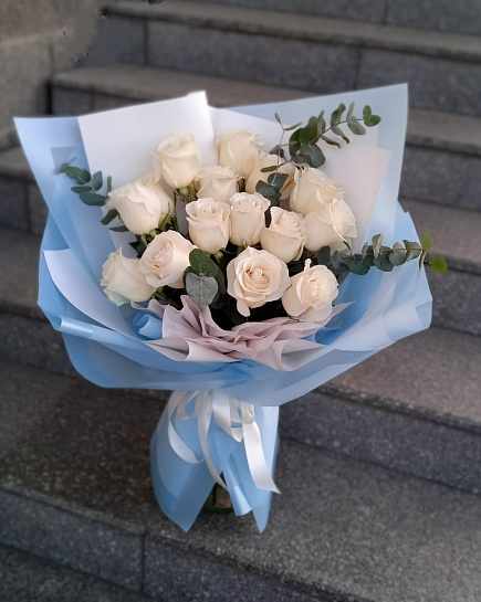 Bouquet of 15 White Dutch Roses flowers delivered to Almaty