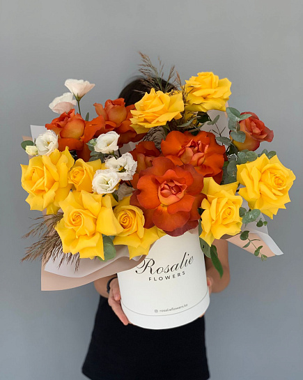 Bouquet of BOUQUET №22 of orange-yellow roses + eustoma flowers delivered to Almaty