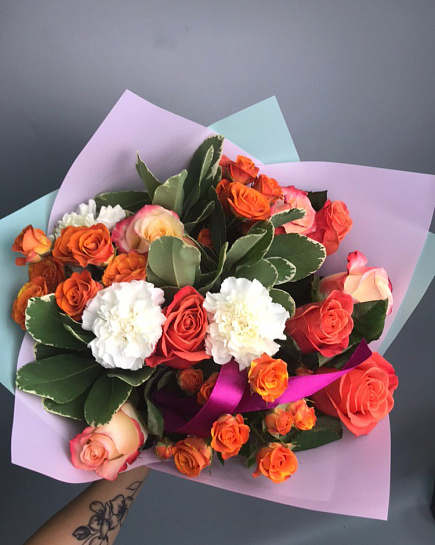Микс-букет с розами "Оранжевый закат" с доставкой по Алматы