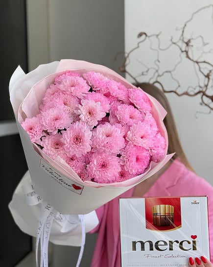 Combo of 5 chrysanthemums and Merci with delivery to Astana