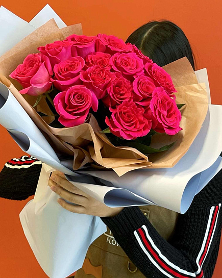 Bouquet of mono bouquet of 15 crimson roses flowers delivered to Astana