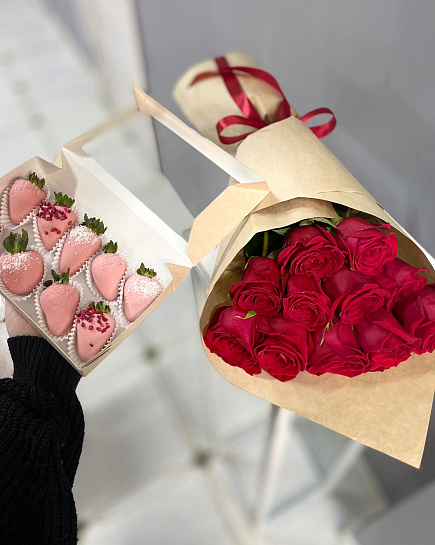 Сет красных роз с клубникой в шоколаде  с доставкой по Алматы