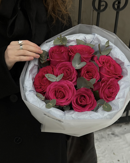 Stylish bouquet of raspberry roses with eucalyptus with delivery to Almaty