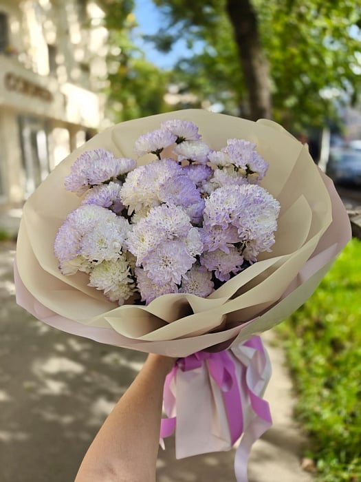 Круглый средний букет из белых и фиолетовых хризантем в бежевой, кремовой и розовой пленке - купить в Astana с доставкой